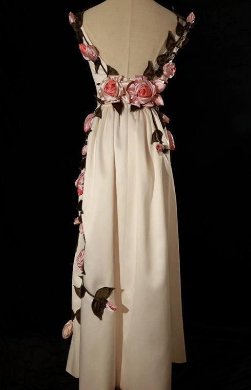 Ivory Floral Embellished Evening Gown - Aline Sleeveless Dress with Pink Floral Accents Plus Size